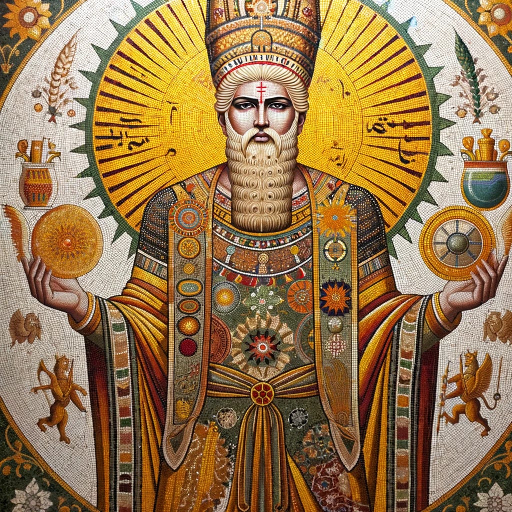 A mosaic art piece depicting the ancient Persian deity Mithra, as traditionally understood in Zoroastrianism. Mithra is portrayed as a powerful, dignified figure, embodying the qualities of truth, justice, and loyalty. He stands with a regal posture, adorned in ancient Persian garments, with a radiant sun disc behind his head symbolizing his association with light and the covenant. His hands are possibly holding symbolic items that represent his roles as a guardian of oaths, the agricultural cycle, and the waters. The mosaic uses vibrant colors typical of ancient Persian art, with intricate patterns and details that reflect the artistry of the period.