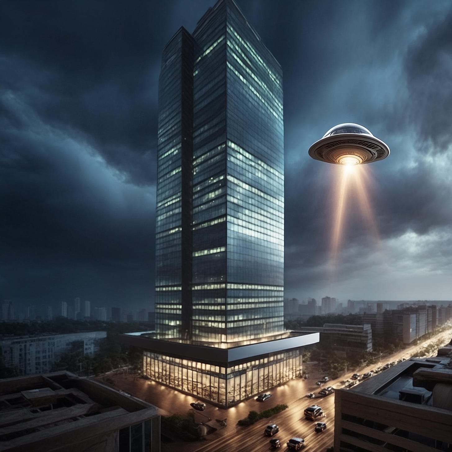 Image of a tall hotel building with a spaceship next to it at night