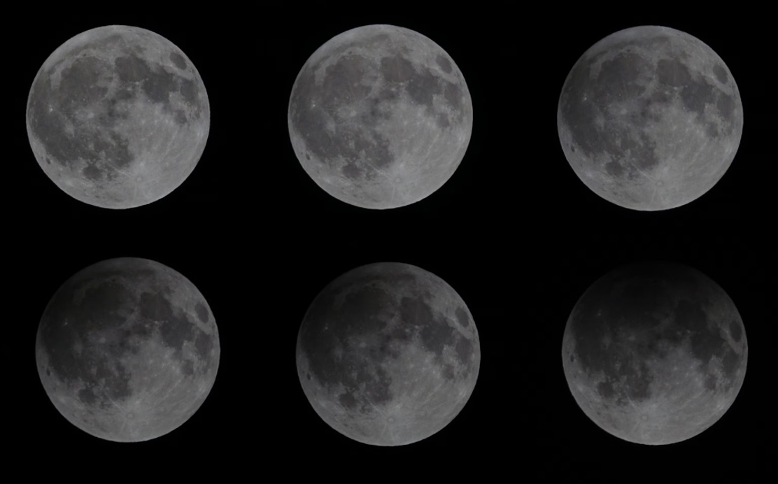 Six images of a full moon getting progressively darker across each image