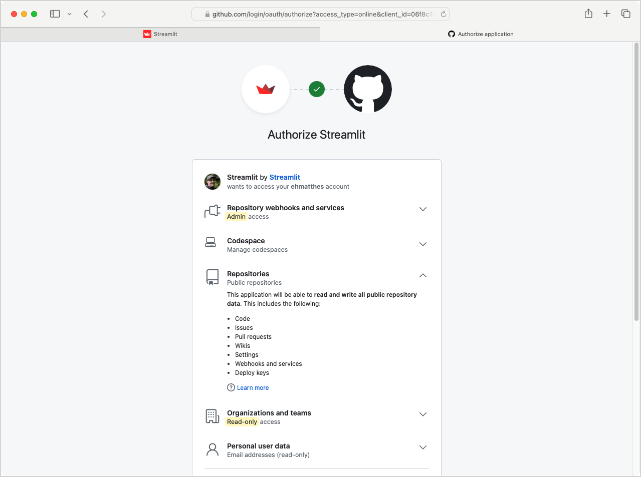 GitHub permissions page, showing that Streamlit is asking for full read/write and admin permissions over all public repos