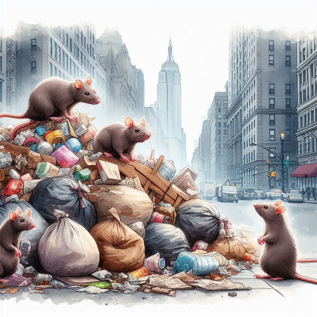 pile of trash on the new york city sidewalk with rats in cute water color style