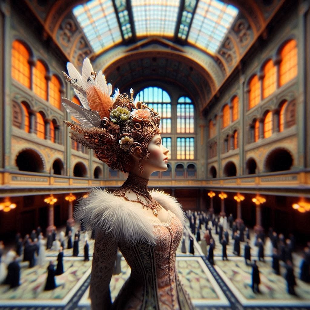hyper realistic tiltshift 5d angle glass embedded Altgeld hall building/ black,coral orange, pink, cream, olive/ woman inside Altgeld hall in olive,chartrues,midnightblue, white Victorian bust / white feather scarf/ psychadelic steampunk headdress/water in resin/soft, beautiful/ honey-wood and copper/ Marquetry, verdigris./ standing on stage/ people dancing in distance/ In the style of Michael Parkes. black etching/ black linework/ white tiger / black sky 
