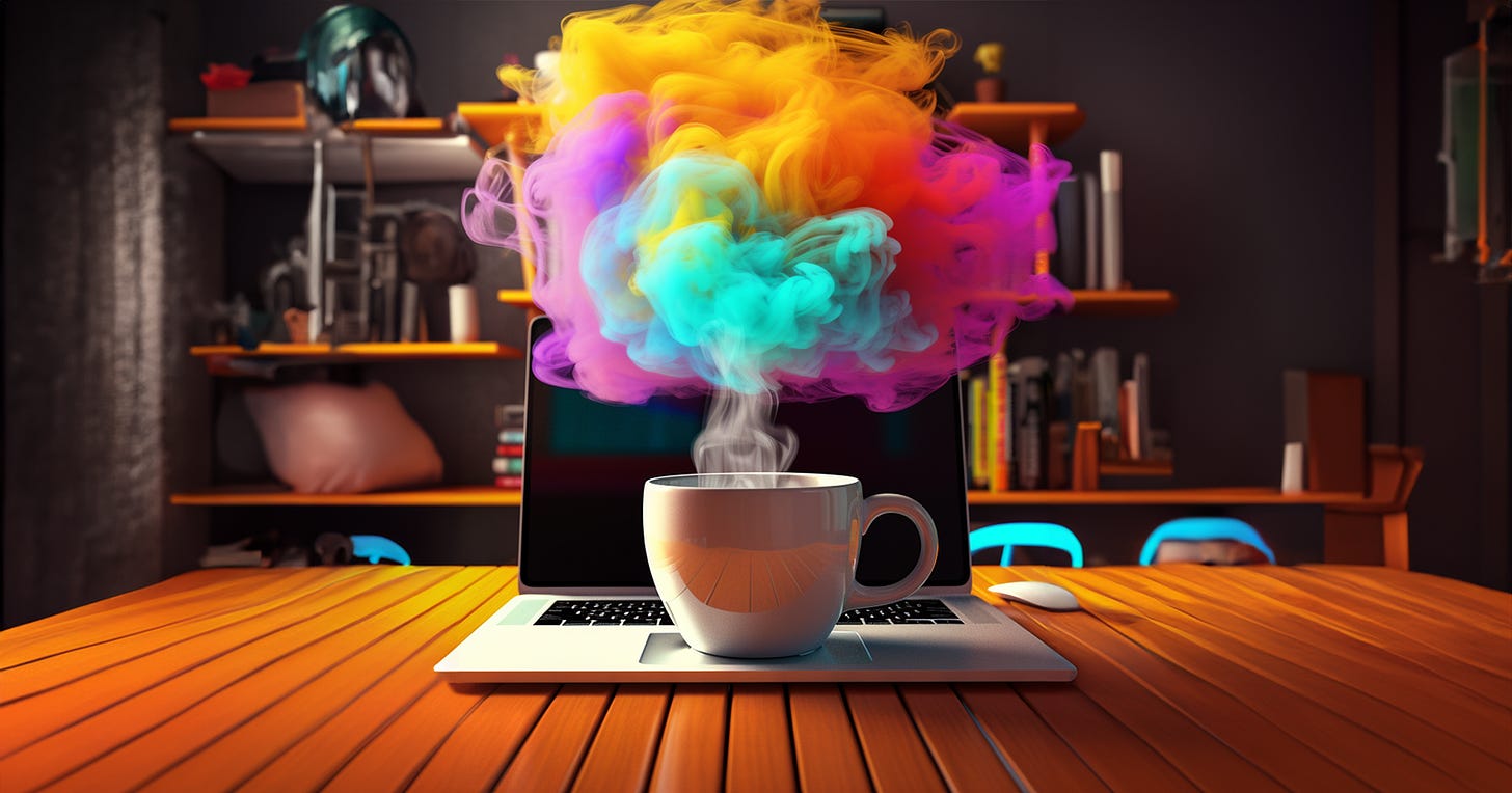 A hot coffee with rainbow coloured steam