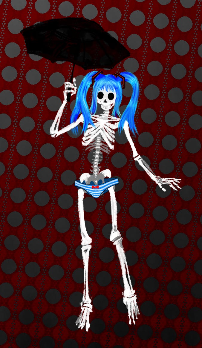 A skeletal figure with large blue ponytails, wearing blue-and-white striped women's underpants and carrying a black umbrella.