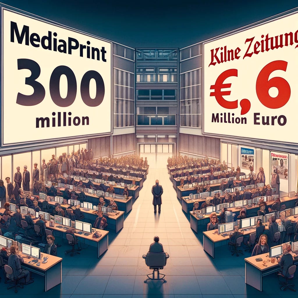 Create an editorial illustration visualizing the contrasting financial states of Mediaprint and Kleine Zeitung. The scene should depict the Mediaprint offices with a large, prominently displayed '400 million Euro' revenue and a separate sign showing a '25 million Euro' loss, reflecting a somber mood among the staff. In contrast, depict the Kleine Zeitung office with a celebratory atmosphere, with a '6.6 million Euro' profit sign and smaller, but happier group of staff. Also, include a section of the Kurier office with empty desks representing the 60 editorial positions cut, adding a sense of loss and change in the media landscape.