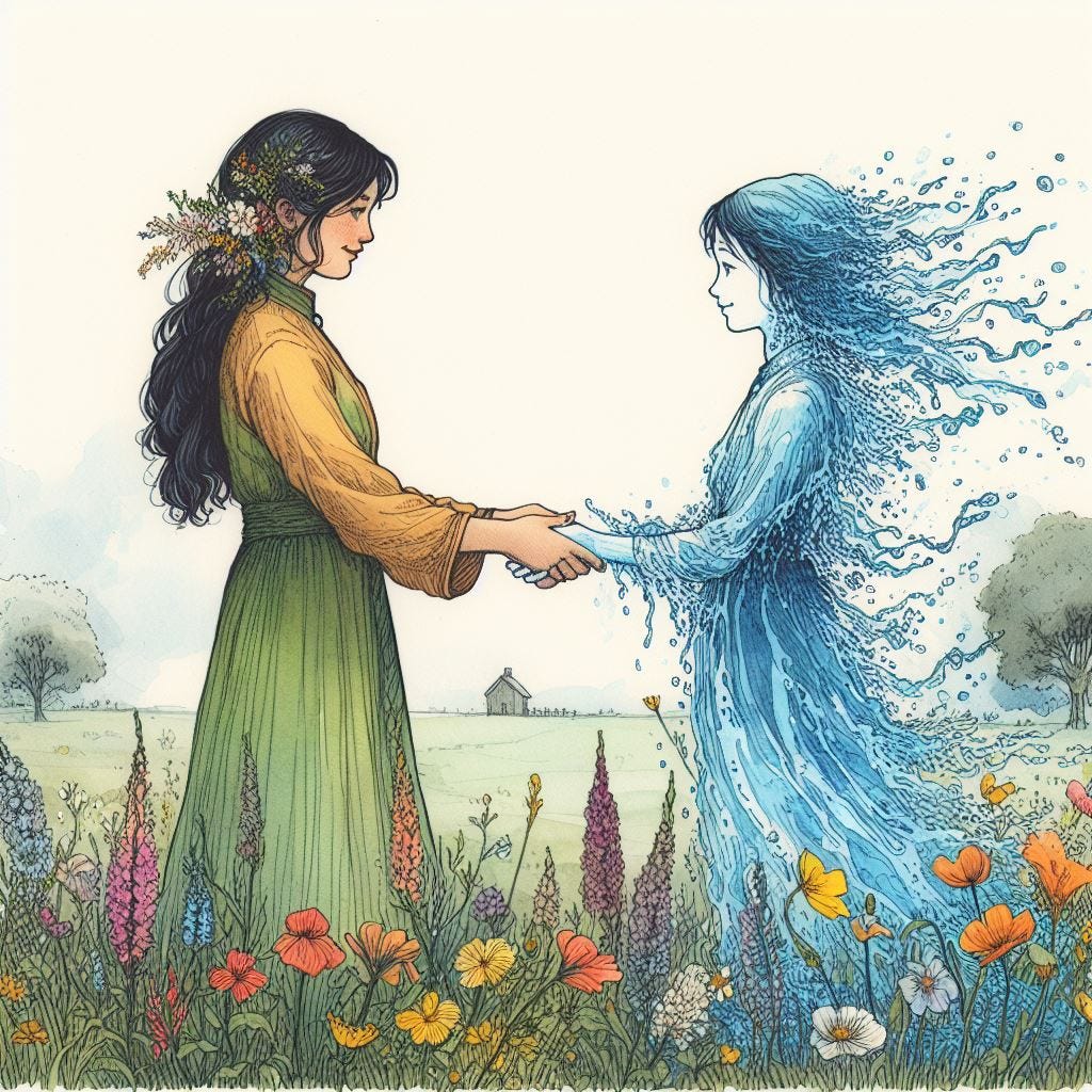 Woman and water girl in flowery meadow. Image by Bing.
