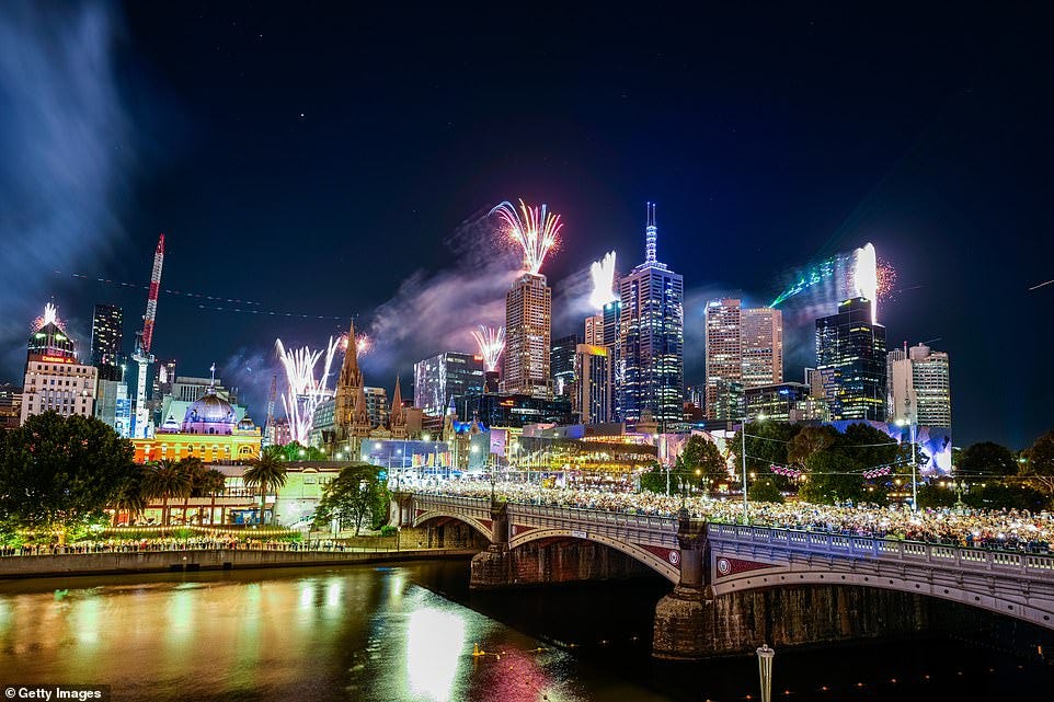 MELBOURNE: A general view of new years fireworks and light-show looking towards the central business district on January 01, 2025 in Melbourne, Australia