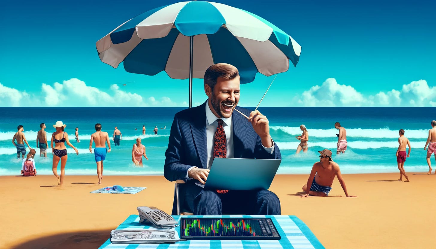 A digital artwork depicting a Wall Street trader, wearing a formal suit and tie, joyfully trading stocks on a laptop while sitting under a beach umbrella on a sandy beach. The trader, a middle-aged Caucasian man with short brown hair, is surrounded by beachgoers in swimwear, enjoying the sun and ocean. The scene is filled with irony as the beach setting contrasts sharply with the trader’s intense focus and business attire. The ocean is visible in the background with waves gently crashing onto the shore, under a bright blue sky.