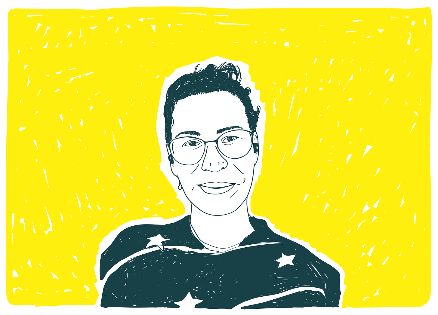 Black and white line sketch, on yellow background, of Madelleine, a white woman with dark hair in a ponytail, wearing glasses and a dark top with white stars on it