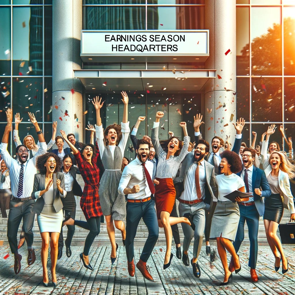 A vibrant and exuberant scene outside a modern office building, capturing a group of accountants and CFOs at the end of earnings season. These professionals, a diverse mix in terms of gender and ethnicity, are in celebratory poses, some are high-fiving, others are jumping in the air with joy, and a few are laughing heartily. They are dressed in business attire, with accessories like briefcases and laptops. The office building in the background has a sign 'Earnings Season Headquarters'. The atmosphere is dynamic and festive, with confetti in the air and the warm glow of the late afternoon sun.