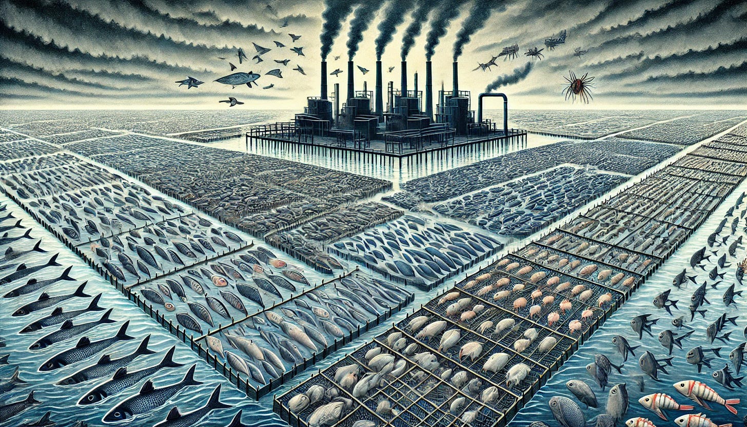 A symbolic representation of the scale of animal exploitation in aquaculture and animal farming. The image features a vast sea filled with countless fish, each one blending into a grid-like pattern resembling a factory or industrial process. Above the water, factory chimneys emit smoke shaped like animal silhouettes, including fish, shrimp, and insects, symbolizing the industrialized nature of their farming. The color palette is a mix of somber blues and grays, emphasizing the seriousness of the issue. The scene is vast and overwhelming, conveying the immense scale of exploitation.