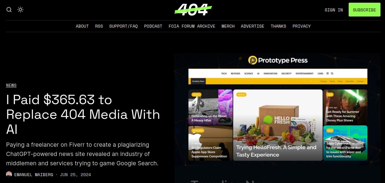 El sitio web 404media con la información del sitio web apoyado en IA