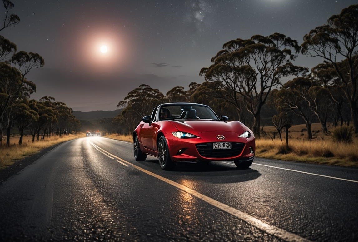 A red Mazda sports car driving on an Australian country road at night. Image from "Coding by Candlelight"