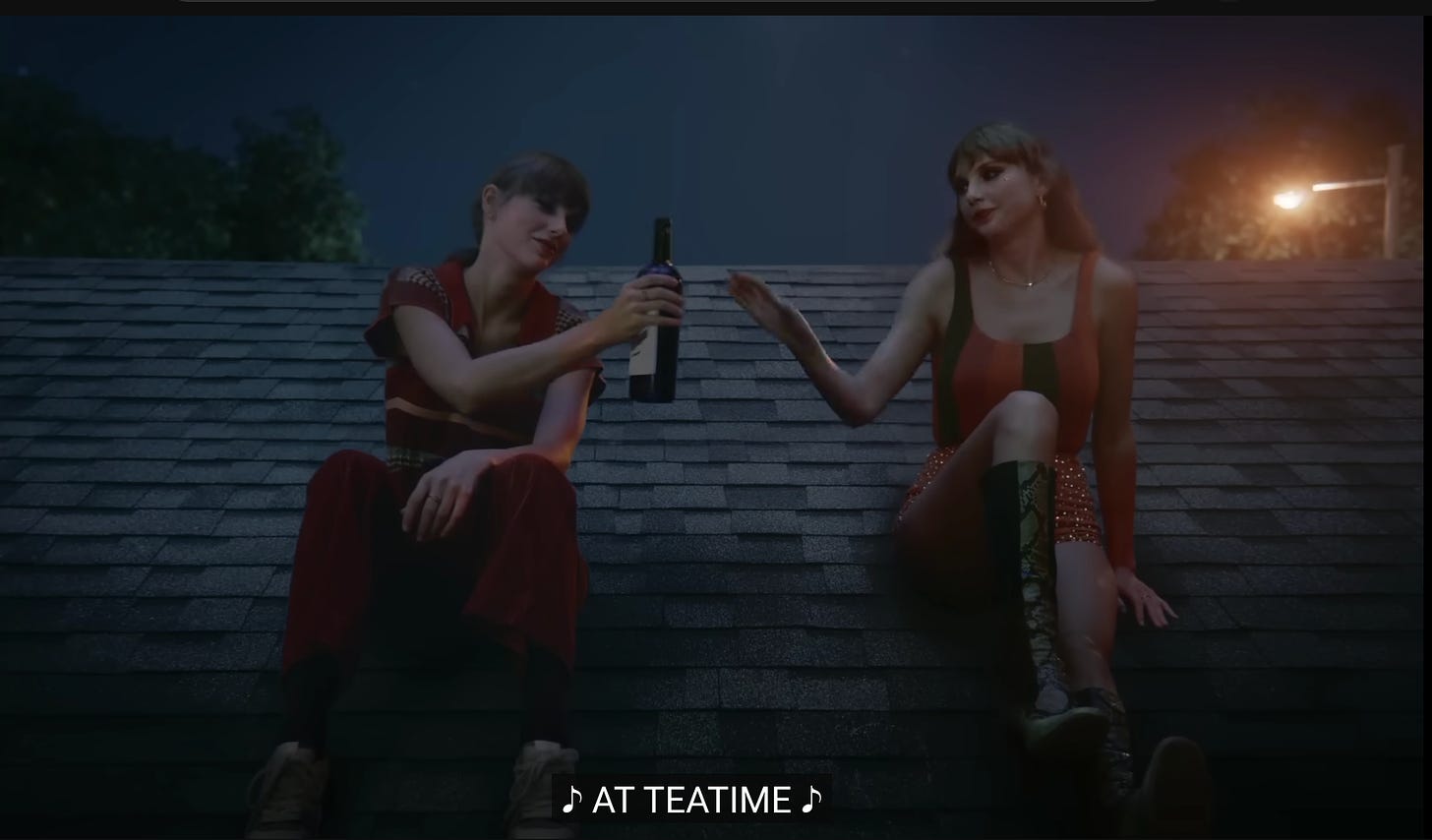 Screenshot from Taylor Swift's Anti-Hero music video with lyric "At teatime"