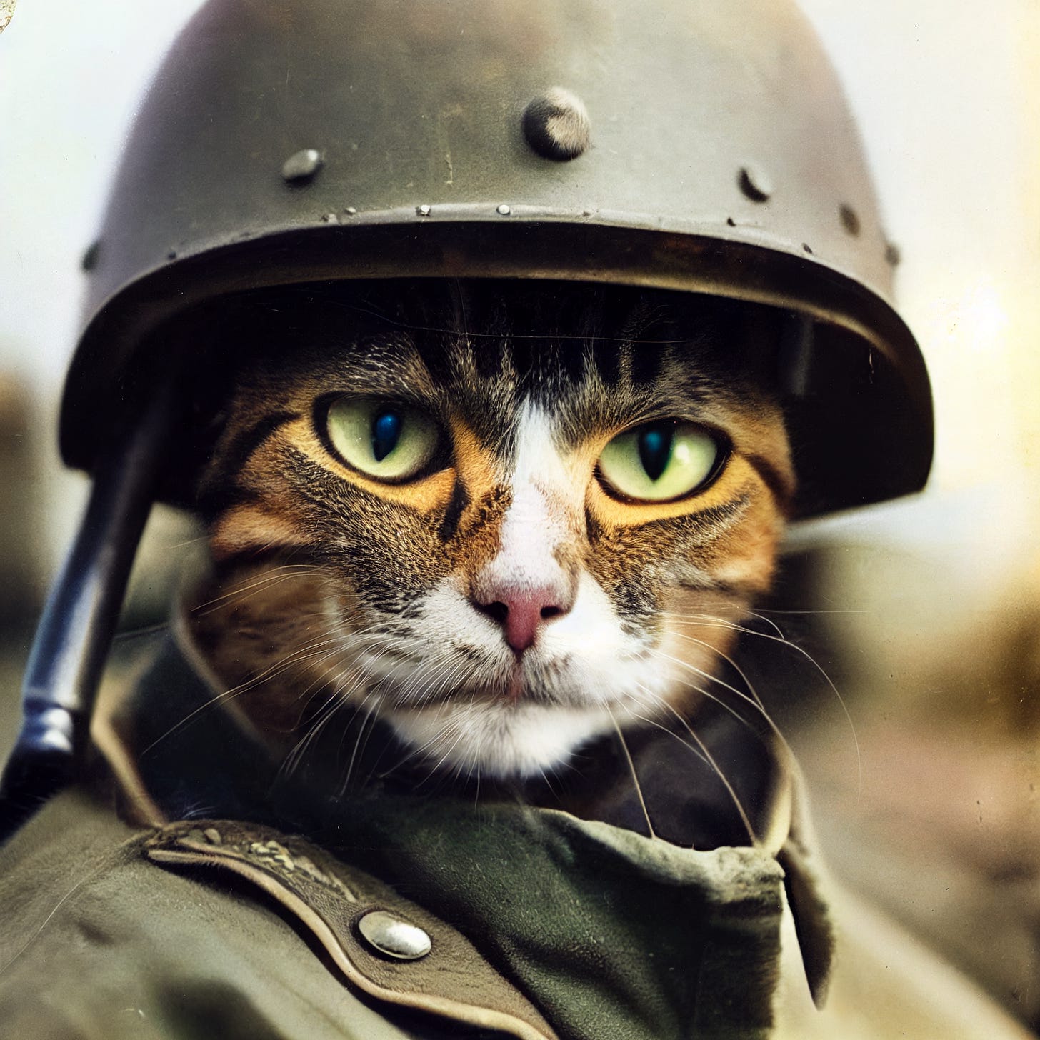 Close up of a cat wearing soldier helmet in the battle, WW2 historical photography