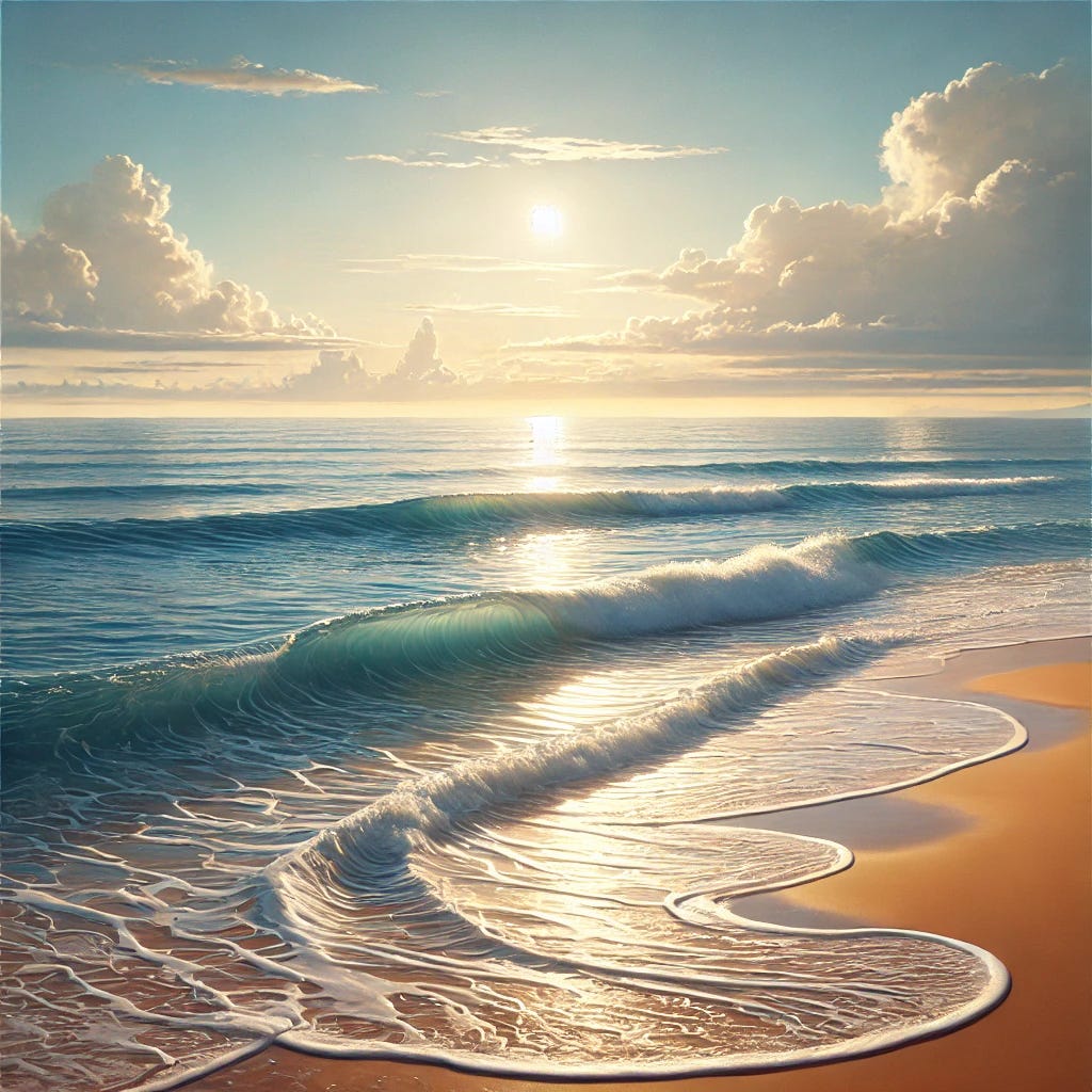 A tranquil ocean view with gentle waves rolling onto a golden sandy beach on a peaceful summer day. The sky is a soft pastel blue with a few wispy clouds, and the sun casts a warm glow on the water. The waves create a rhythmic, soothing motion as they break near the shore, leaving behind delicate white foam. The atmosphere is calm and inviting, perfect for relaxation.