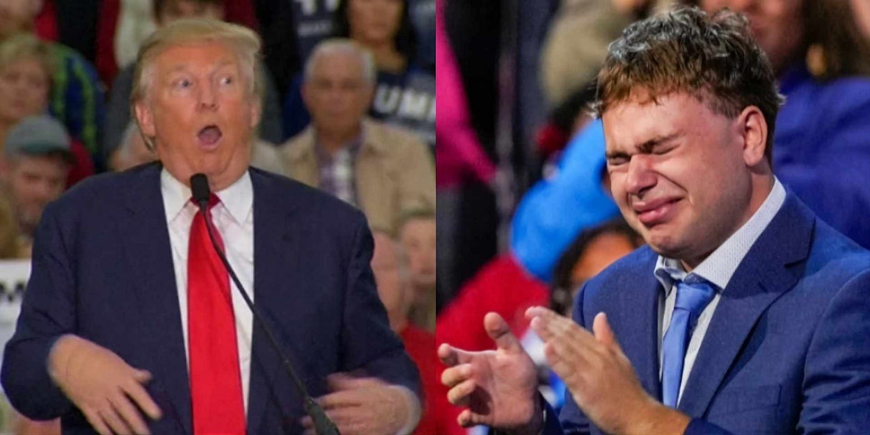 Split photo of Donald Trump mocking a disabled reporter and Gus Walz clapping with tears in his eyes for his father Tim Walz.