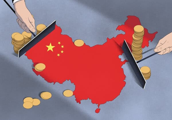An illustration shows casino chips being raked off a map of China that’s colored like China’s flag. 