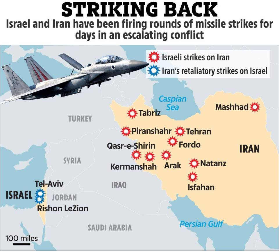 Map illustrating Israeli and Iranian missile strikes.