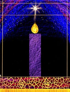 A drawing of a single lit purple candle against a night sky