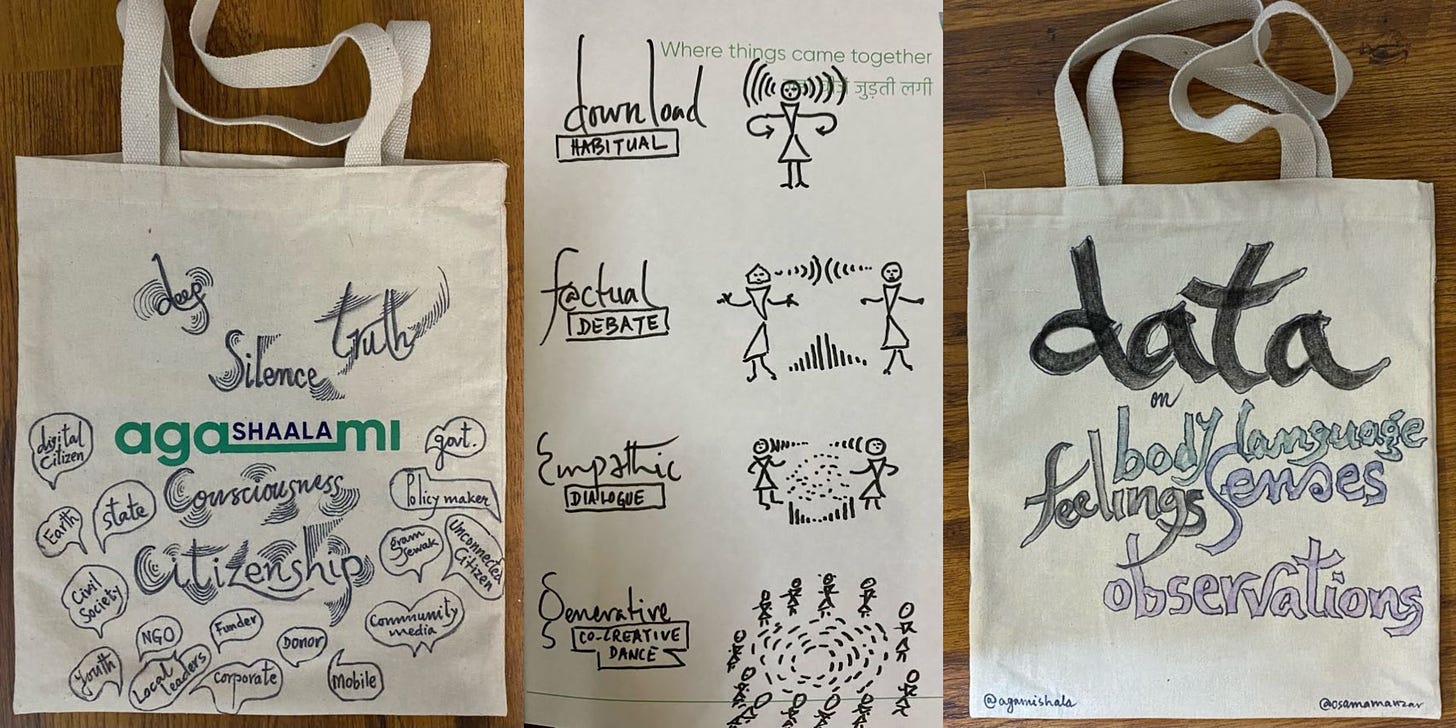 Canvas bags and page of a journal with writing and sketches capturing Osama's experience at Agamishaala