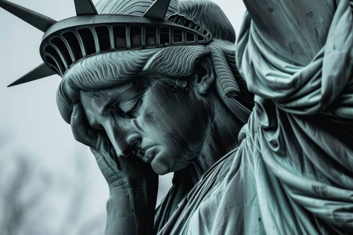 Emotional statue of liberty with her head in hands. American state of grief and depression