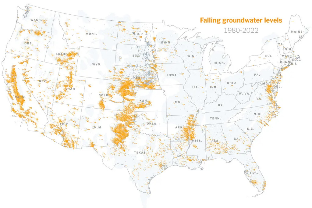 United States map showing severe groundwater depletion, most prevalent in the west and plains states.