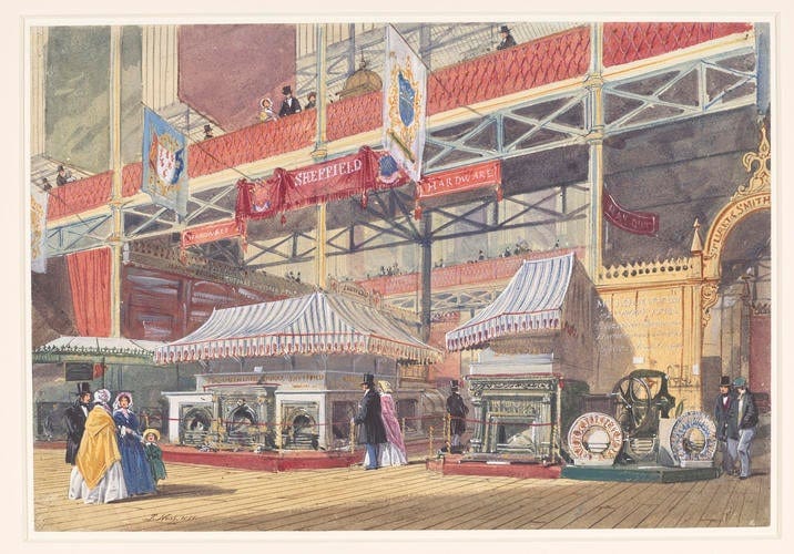 Sheffield booths on ground floor with balconies above, men in suits and top hats, women in long hoop skirts also known as crinolines