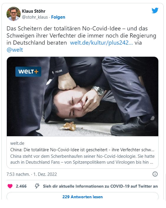 Klaus Stöhr auf Twitter: "Das Scheitern der totalitären No-Covid-Idee – und das Schweigen ihrer Verfechter die immer noch die Regierung in Deutschland beraten." Verlinkt ist ein Beitrag in der WELT.