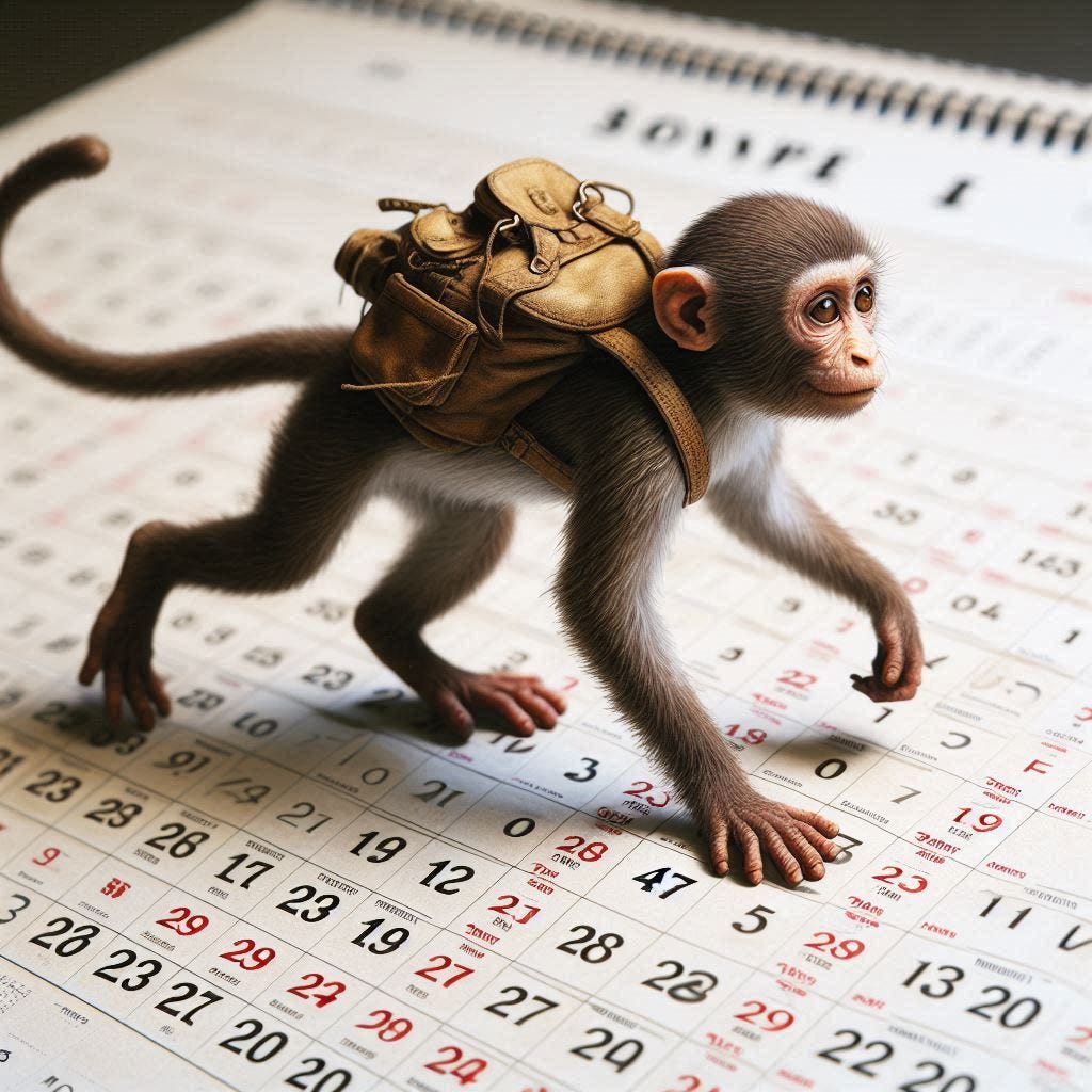 A realistic monkey crossing a calendar