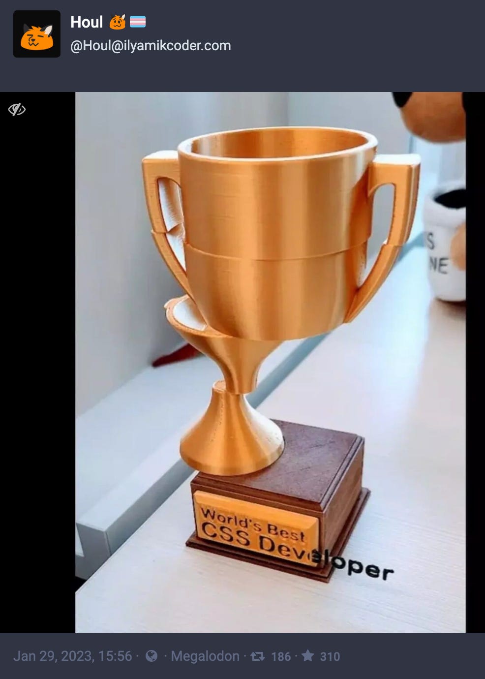 Trophy for the “World’s Best CSS Developer” which has overflowed all of its bounding boxes and desperately needs to be rewritten with flexbox.
