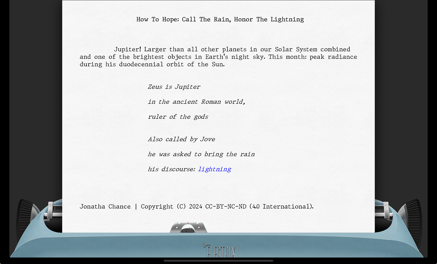 Two stanzas of 17 sounds from Jonatha Chance rendered upon the Hanx Electrix virtual typewriter.