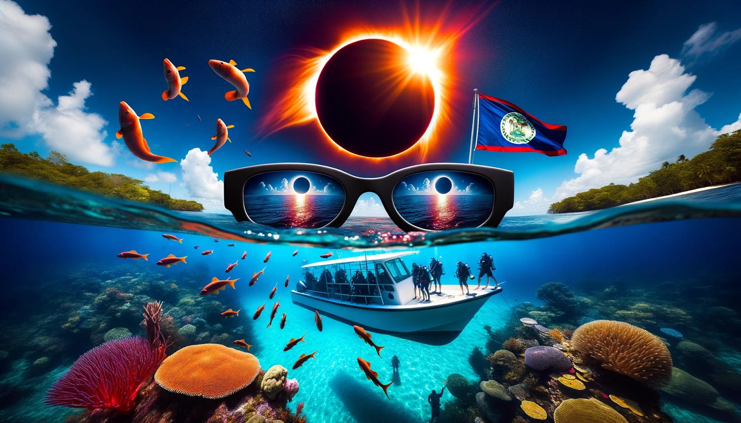 Photo of a striking ring of fire solar eclipse centered in the sky. Below, a scuba dive boat floats on shimmering waters with divers about to dive. Beneath the waves, a vivid reef bustles with fish and eels. In the forefront, three sunglasses are neatly stacked atop one another, capturing the reflection of the eclipse. To the side, the Belize flag waves gracefully.