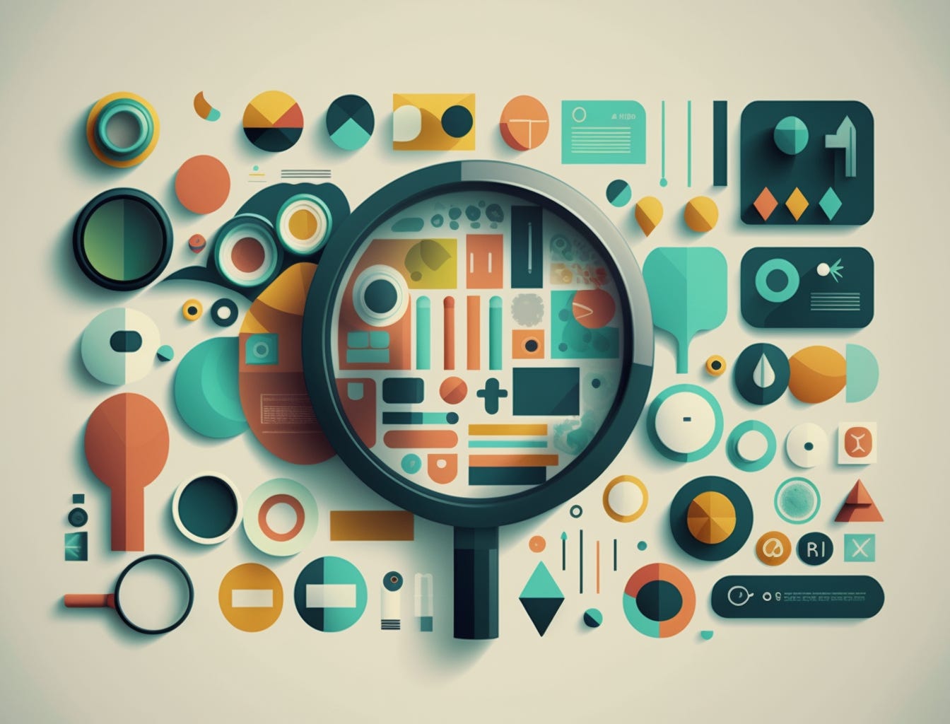 Illustration of a large magnifying glass looking at various UI components for the web. By John Wayne Hill