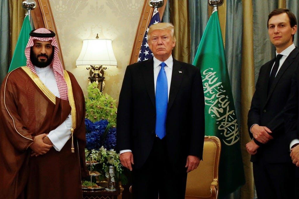 President Donald Trump, flanked by White House senior advisor Jared Kushner, meets with Saudi Arabia's Deputy Crown Prince Mohammed bin Salman at the Ritz Carlton Hotel in Riyadh, Saudi Arabia May 20, 2017.