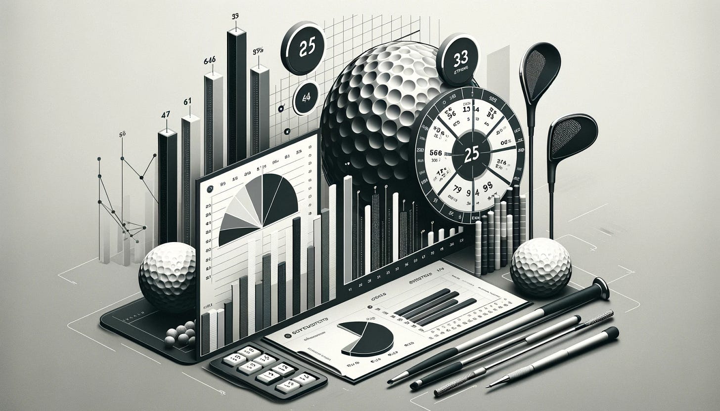 Design a sophisticated header graphic for a golf-related newsletter that integrates a statistical theme. Include visual elements such as pie charts, bar graphs, and numerical data representing golf statistics like scores, handicaps, or tournament results. Use a monochromatic color palette of greys, blacks, and whites to complement the attached logo. The logo should be integrated seamlessly into the design, possibly as part of the statistical display, or as a watermark. The design should be sleek, clean, and convey a corporate, analytical feel, appropriate for a newsletter focused on the quantitative aspects of golf.