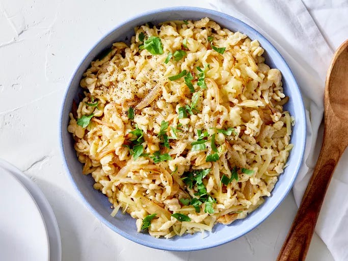 looking down at a bowl of Käsespätzle