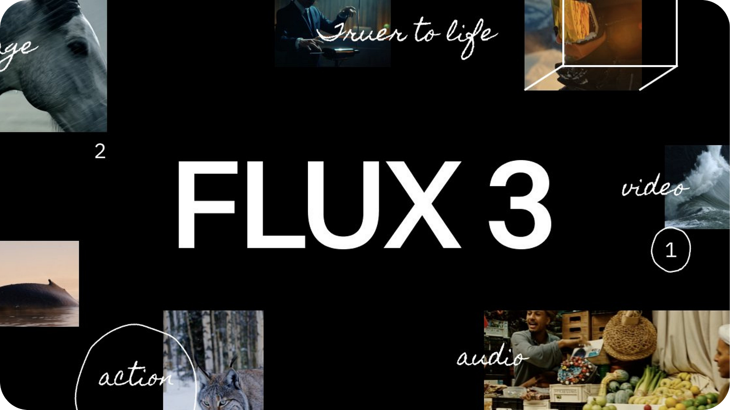 Collage promocional de FLUX 3 con escenas de video y las palabras video, acción y audio