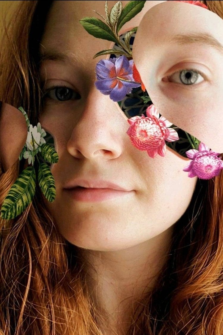 Fractured image of a red haired white woman with flowers growing from the cracks in her face.