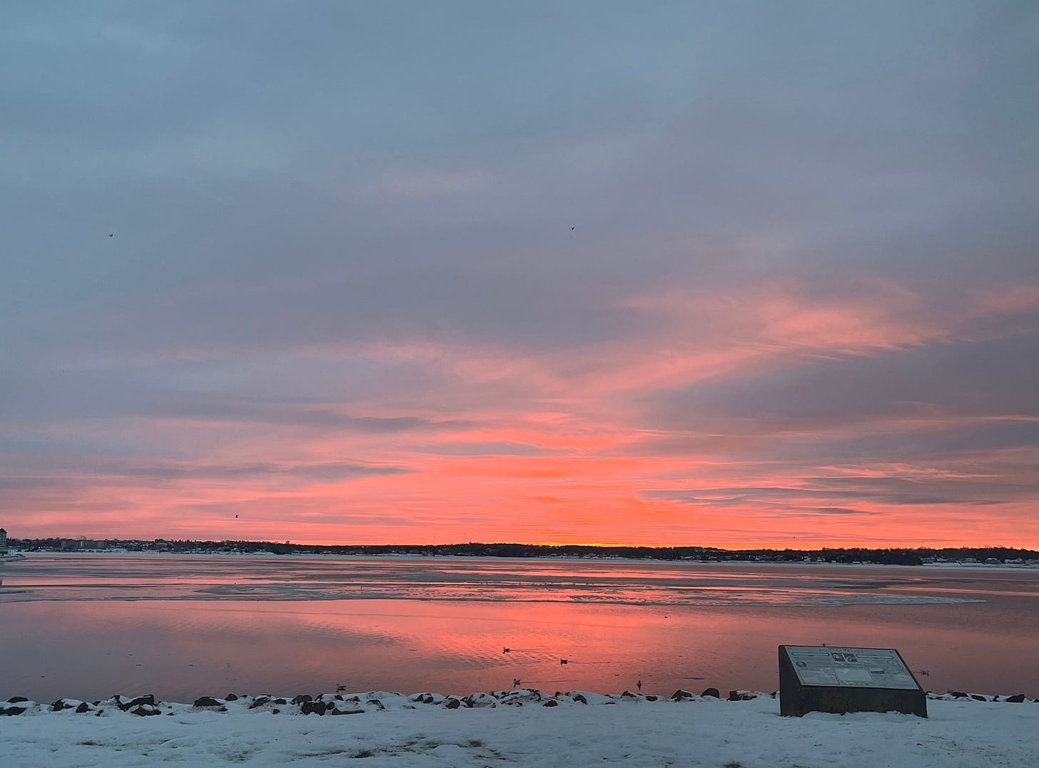 A striking red and grey sky looking south over the water in Charlottetown.