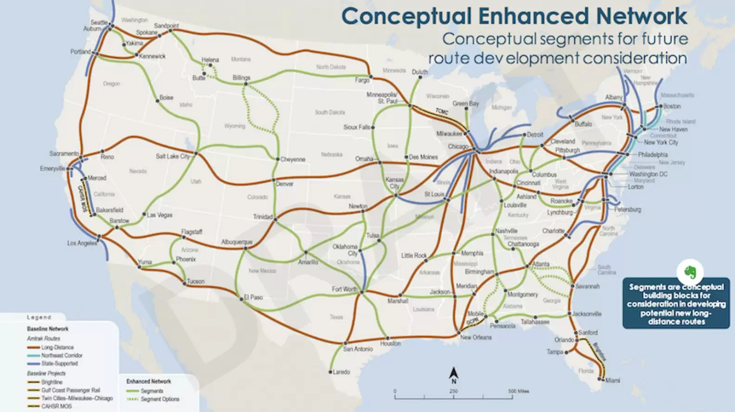 The FRA’s “conceptual” map shows what an expanded US train network could look like, utilizing many existing rail lines that are now out of service or underused.