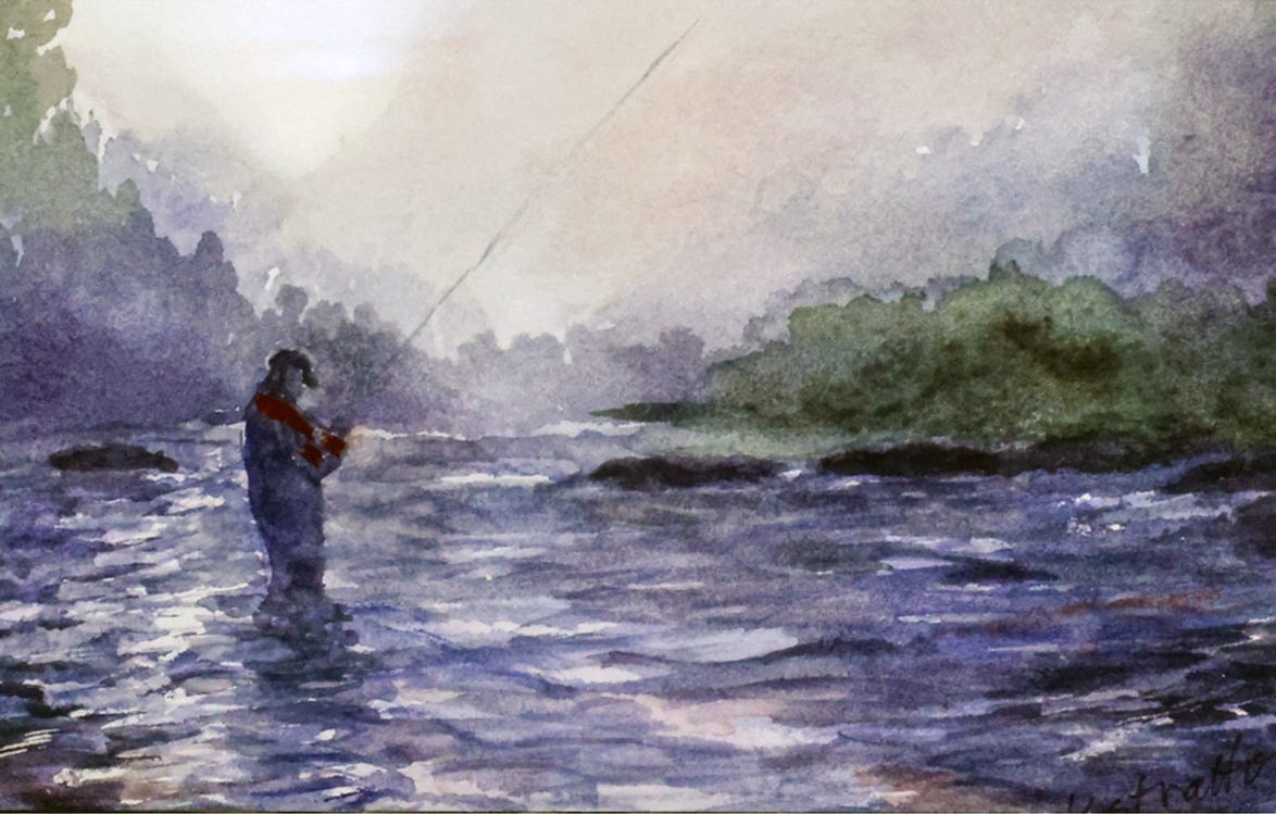 Fly fisherman standing in a river setting a new fly on his hook.