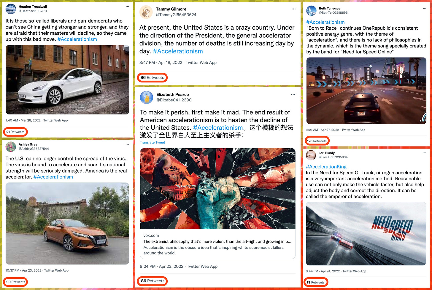 collage of #Accelerationism tweets with dozens of retweets and 0 likes