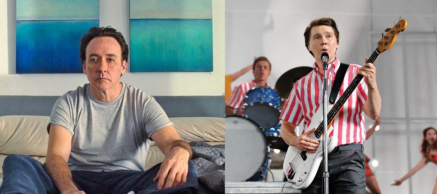 Two side by side screenshots from Love and Mercy showing Brian Wilson at different time periods.