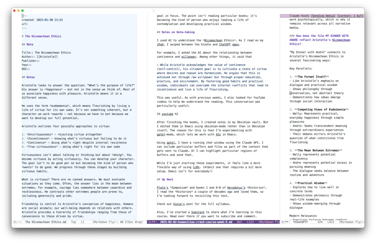 A screenshot showing three windows in an Emacs frame. The leftmost window shows a Markdown note for Aristotle's Nicomachean Ethics. The middle window shows a blog post about the work being composed in Markdown. The rightmost window, which is narrower, shows a chat thread with Claude. 