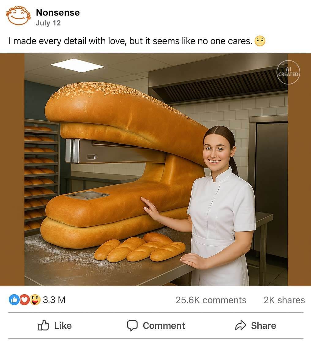 Humorous AI photo of a female baker standing next to a stapler made of bread