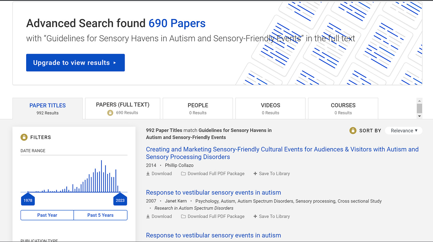 Screenshot of the results of an academia.edu search for "Guidelines for Sensory Havens in Autism and Sensory-Friendly Events," sorted by relevance. The top 2 results are shown. They have different titles.