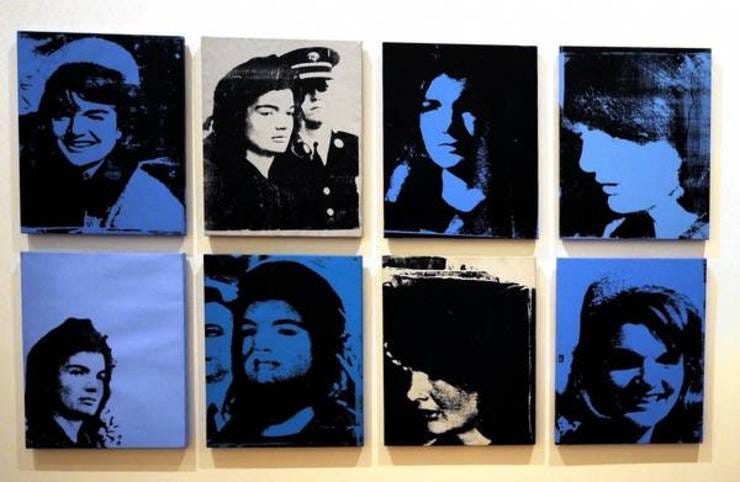 Andy Warhol, “Jackie,” 1964 (Four individual works) Acrylic and silkscreen on canvas with handmade frame 1968 Each signed, titled and dated verso 2.75″ x 2.5″.