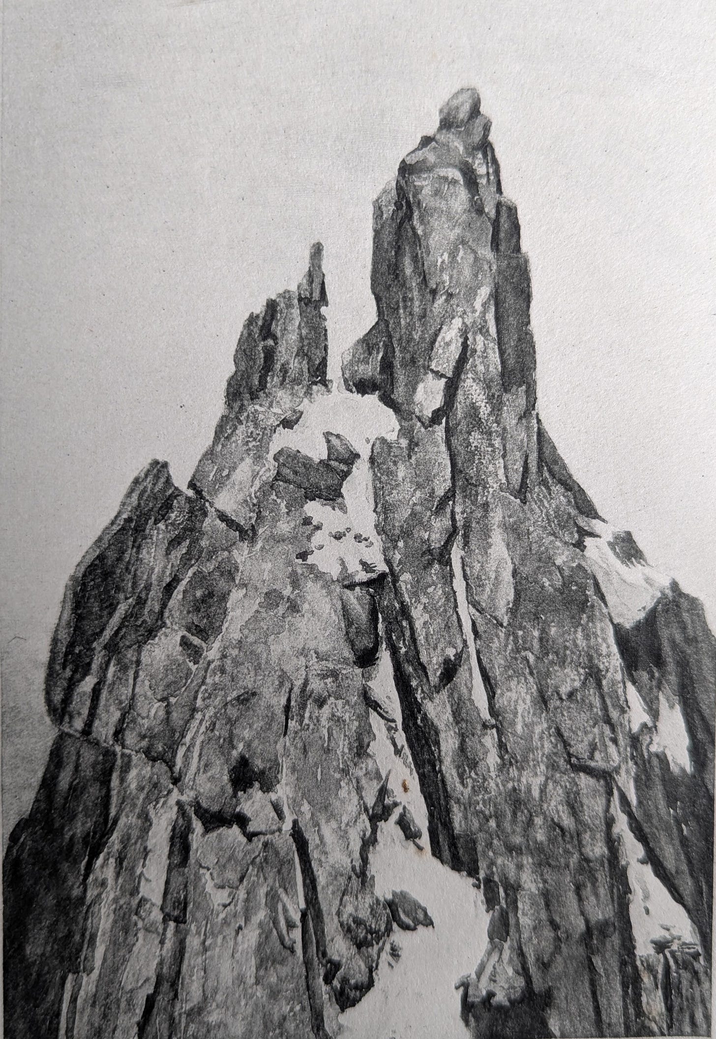 Aiguille des Grands Charmoz, from the Charmoz-Grépon Col, photogravure from a drawing by Miss Bristow (from ‘My Climbs in the Alps and Caucasus’) Aiguille des Grands Charmoz, from the Charmoz-Grépon Col, photogravure from a drawing by Miss Bristow (from ‘My Climbs in the Alps and Caucasus’)