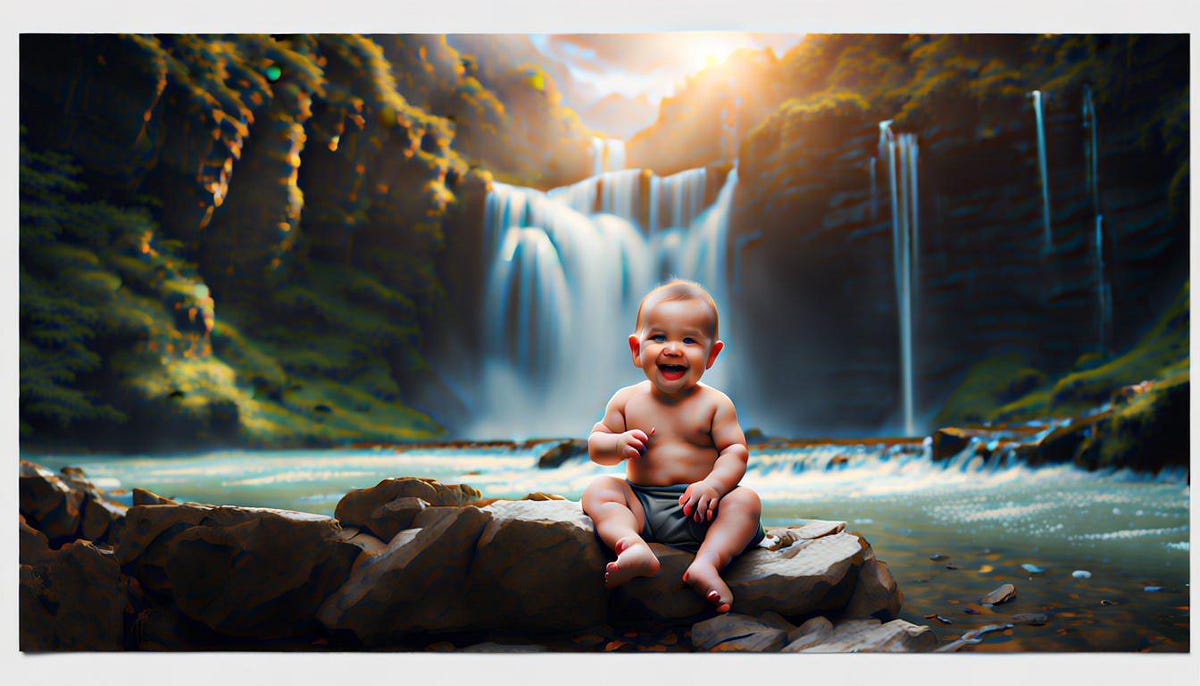 Smiling sitting with background of a waterfall Smiling sitting with background of a waterfall